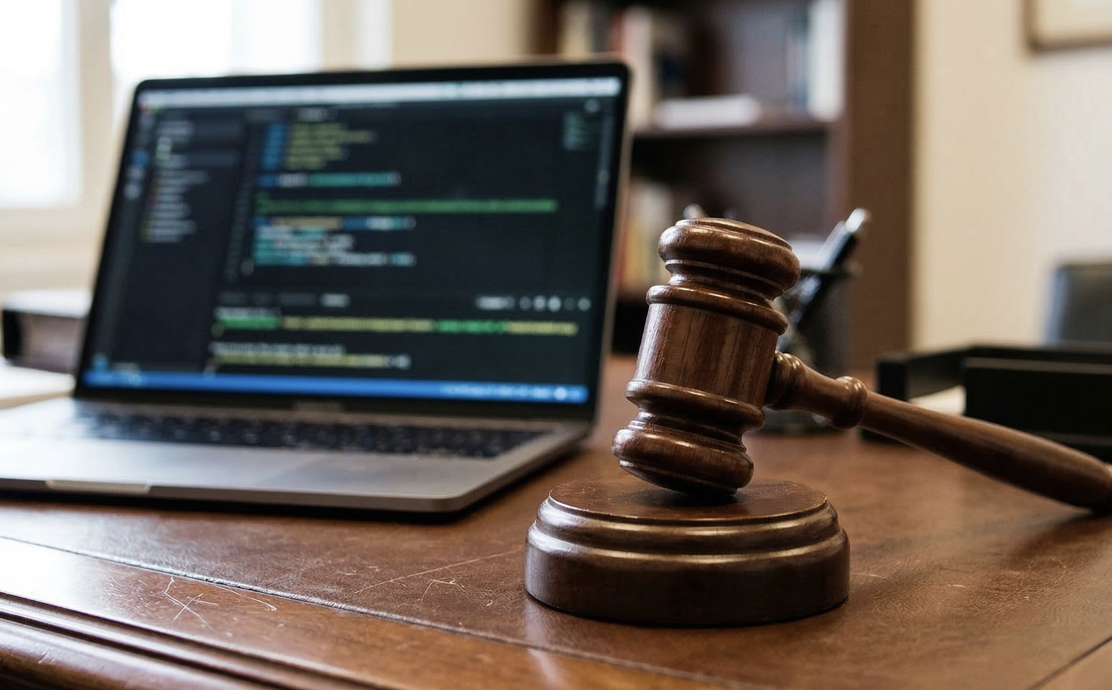 A gavel beside a laptop displaying code, symbolizing software license compliance