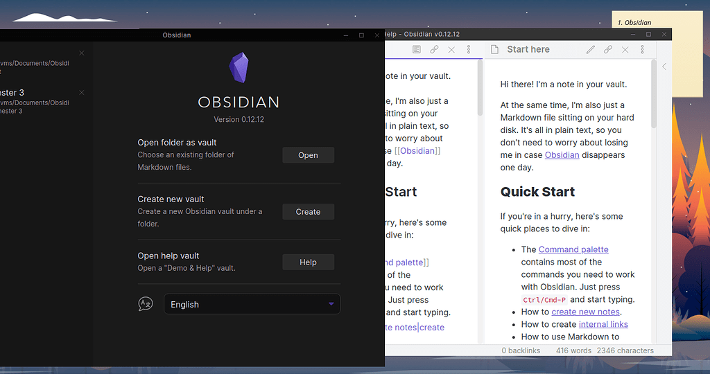 Obsidian first-launch screen: open an existing folder, create a new vault, or open the help vault