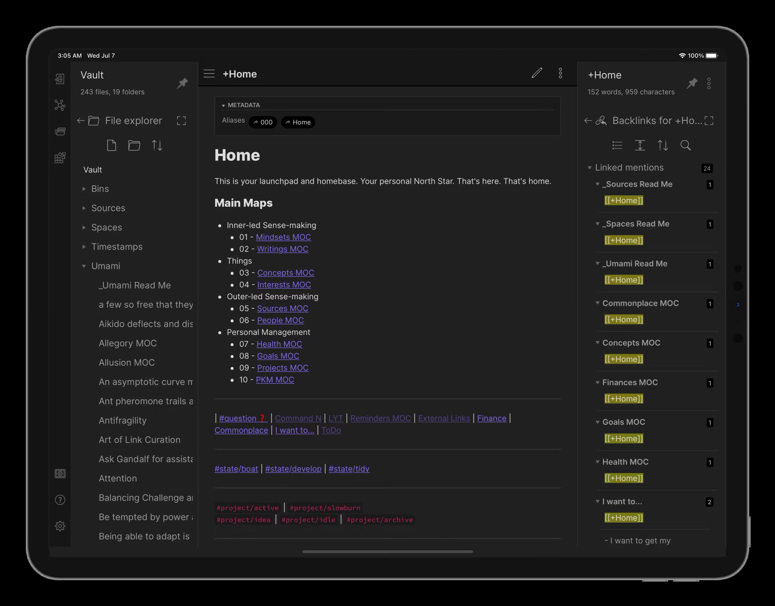 Obsidian on iPad: file list on the left, editor in the middle, backlinks panel on the right