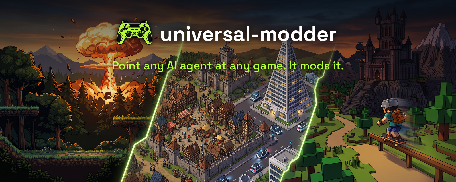 universal-modder official banner: pixel-art collage, Terraria-style forest, medieval town and skyscraper, Minecraft-style kid on skateboard