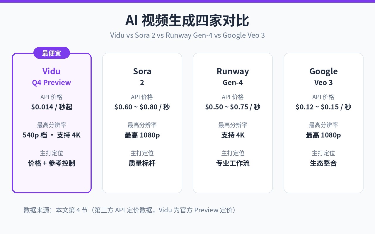 Four-way AI video comparison: Vidu Q4 Preview, Sora 2, Runway Gen-4, and Google Veo 3 on price and positioning