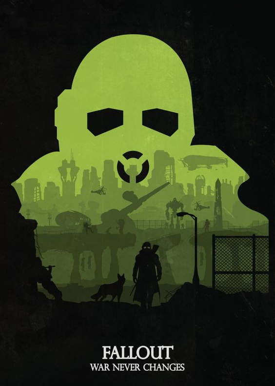 Wasteland-style game poster art with a giant gas mask silhouette