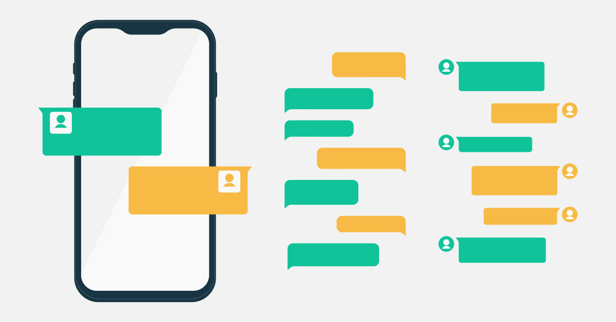 Flat illustration of a phone with chat message bubbles, showing conversation inside messaging apps