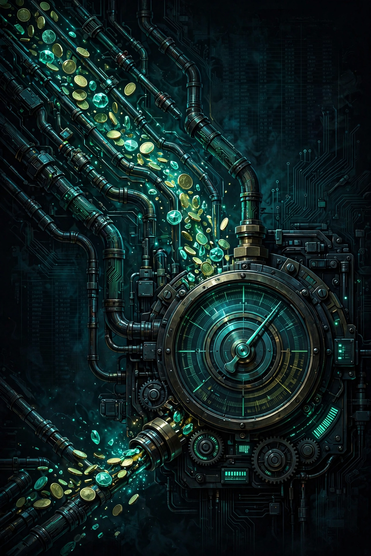 Concept cover: glowing tokens flowing through pipes into a gauge dial on dark background
