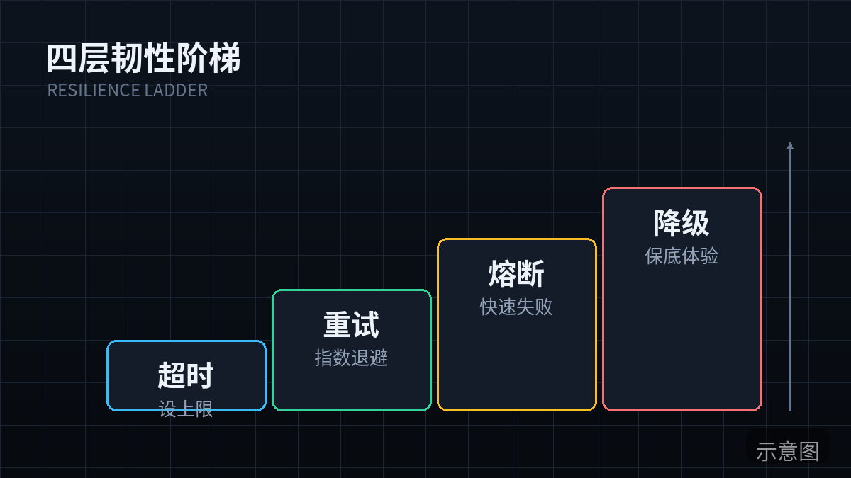 超时/重试/熔断/降级四层韧性（示意图）