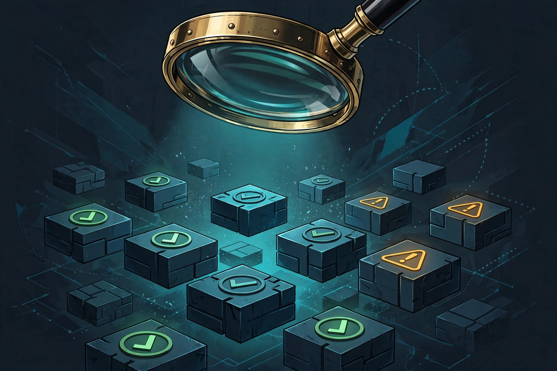 Illustration of a magnifying glass inspecting code with checkmarks and warning signs