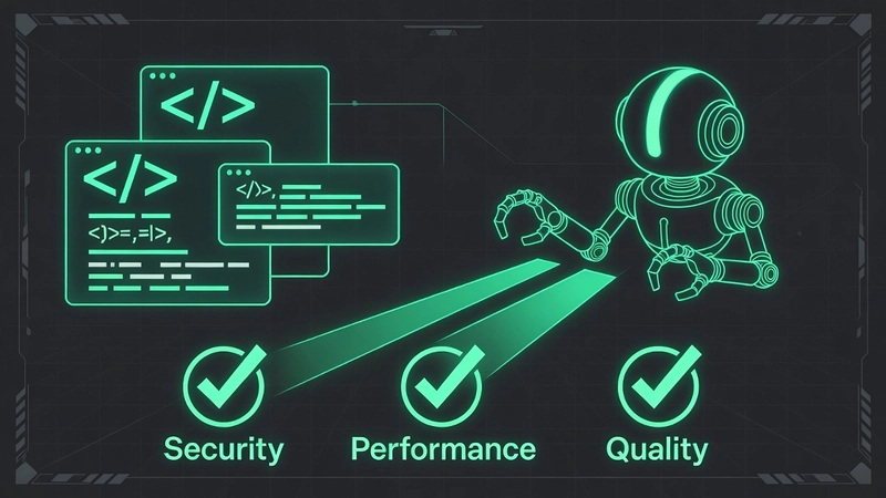 Green neon illustration on dark background: a robot inspecting code windows, with Security, Performance, Quality checkmarks below