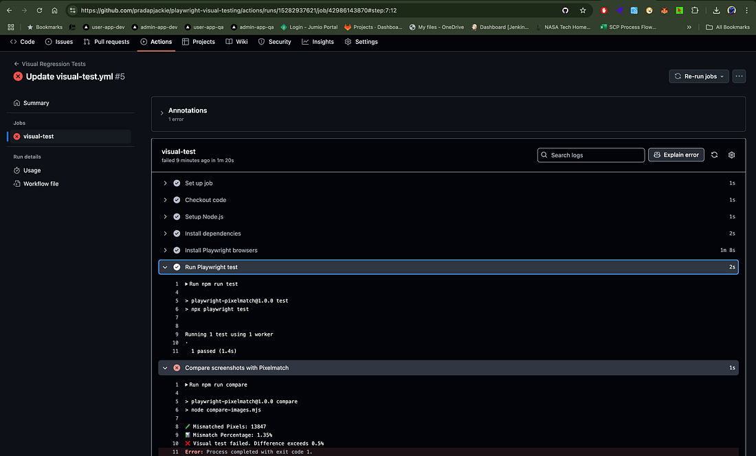 Playwright + GitHub Actions visual testing flow