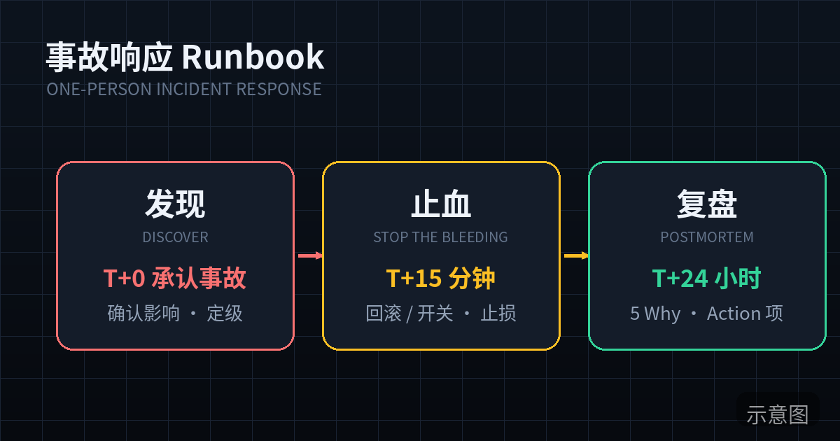 凌晨 3 点手机收到告警推送,独立开发者按事故响应 Runbook 处理线上故障的示意图