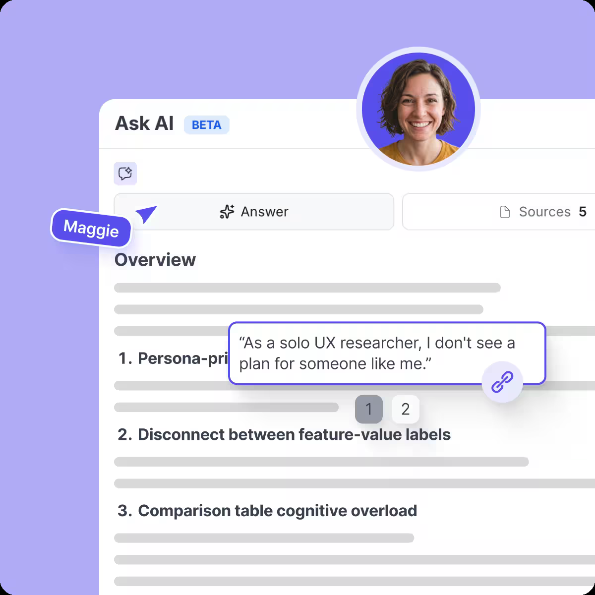 Q&A interface mockup: every factual claim in the AI's answer carries a citation number; clicking it jumps to the matching paragraph in the source document