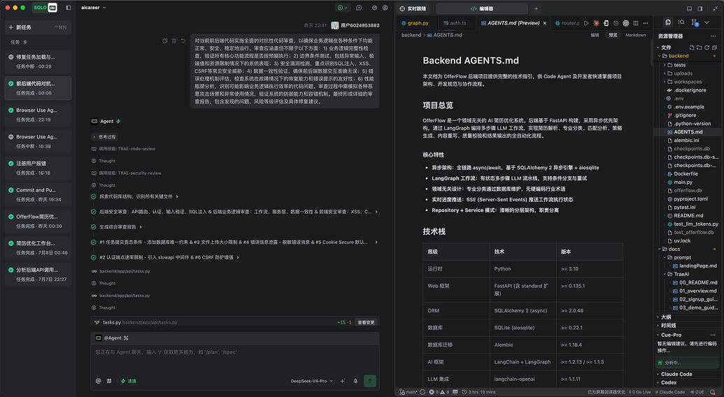 The new TRAE's dual-mode interface: multiple task cards advancing in parallel in Agent mode, with one-click switching to IDE mode in the top-right corner