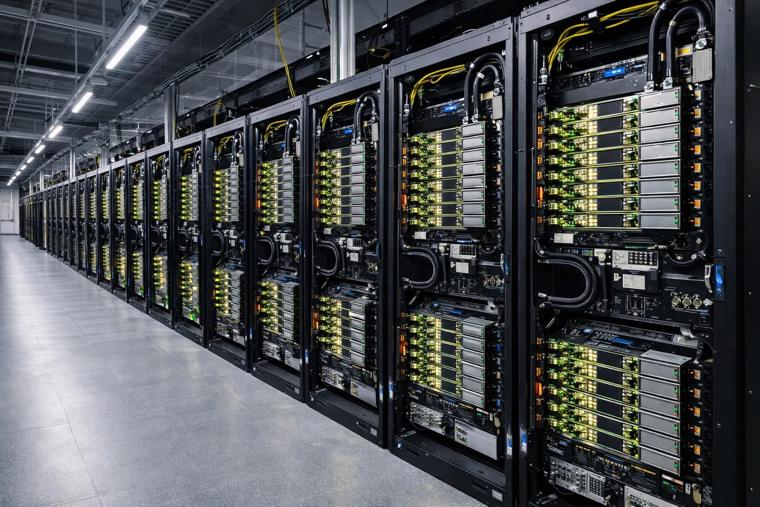 Real photo of GPU server racks in a large AI data center, representing the compute infrastructure behind Agentic MaaS