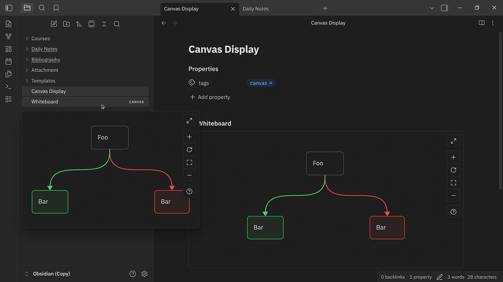 Obsidian Canvas whiteboard with card nodes connected by colored arrows