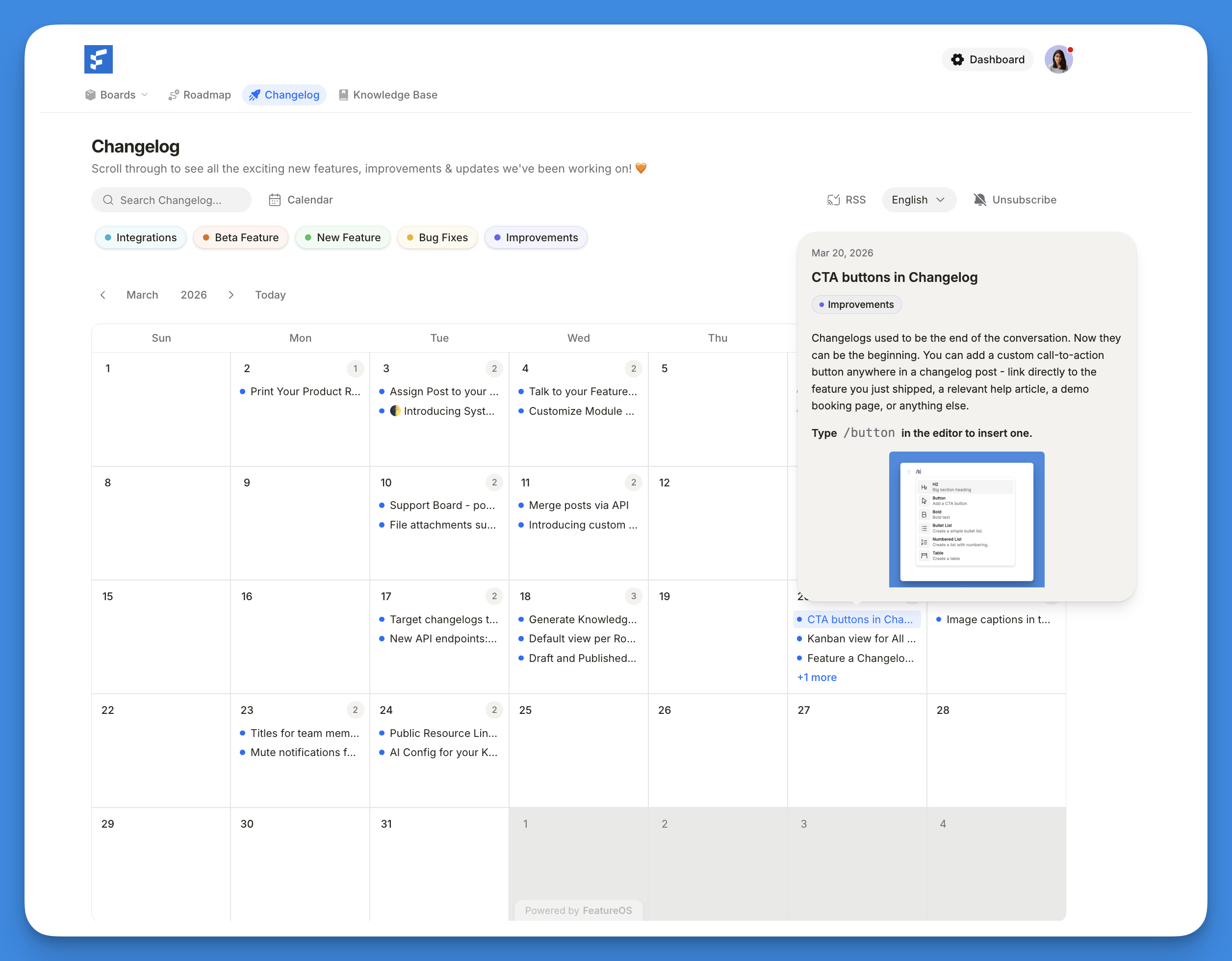 Example of a well-written product changelog timeline page: grouped by version, each entry stating the user benefit in one sentence