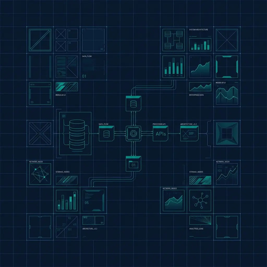 Dark blueprint-style system architecture diagram: modules, data flows and API nodes wired over a grid