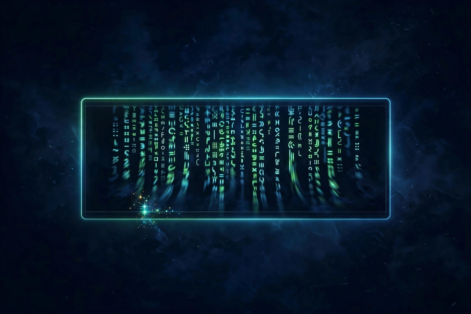 Concept illustration of a glowing dark terminal with code and an AI cursor