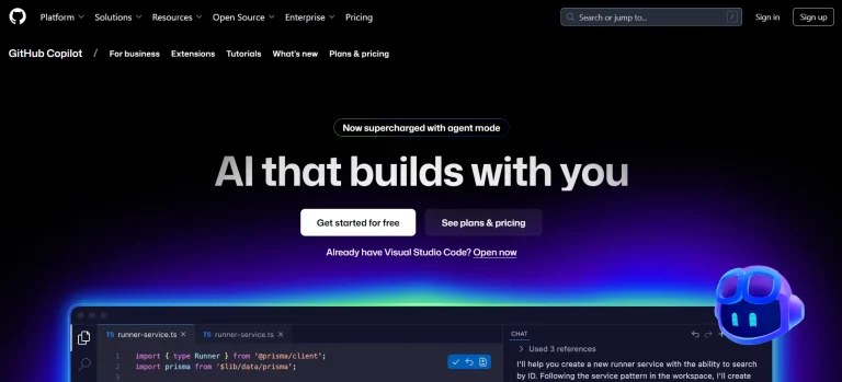 Screenshot of the GitHub Copilot homepage: 'AI that builds with you' headline with an agent mode banner