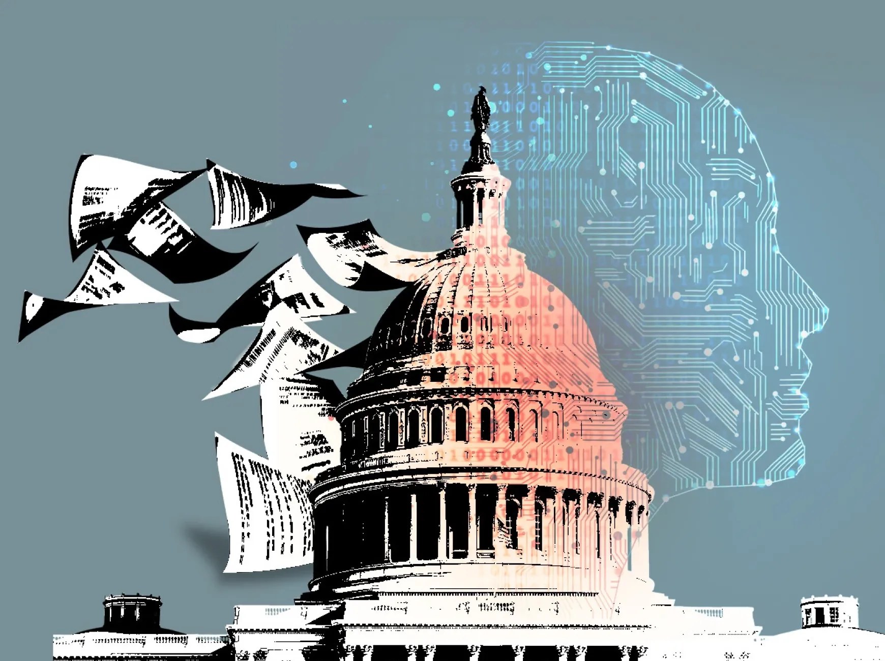 Editorial illustration of AI regulation: government dome with binary code and circuit-brain motif, representing the ICO's agentic AI scrutiny