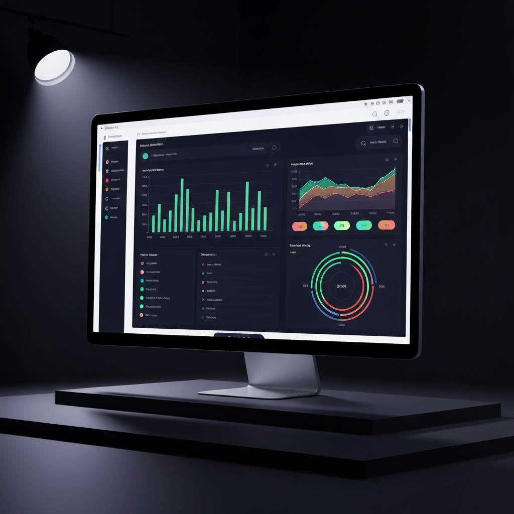 Data-visualization cover: analytics dashboard with code trace lines on dark background