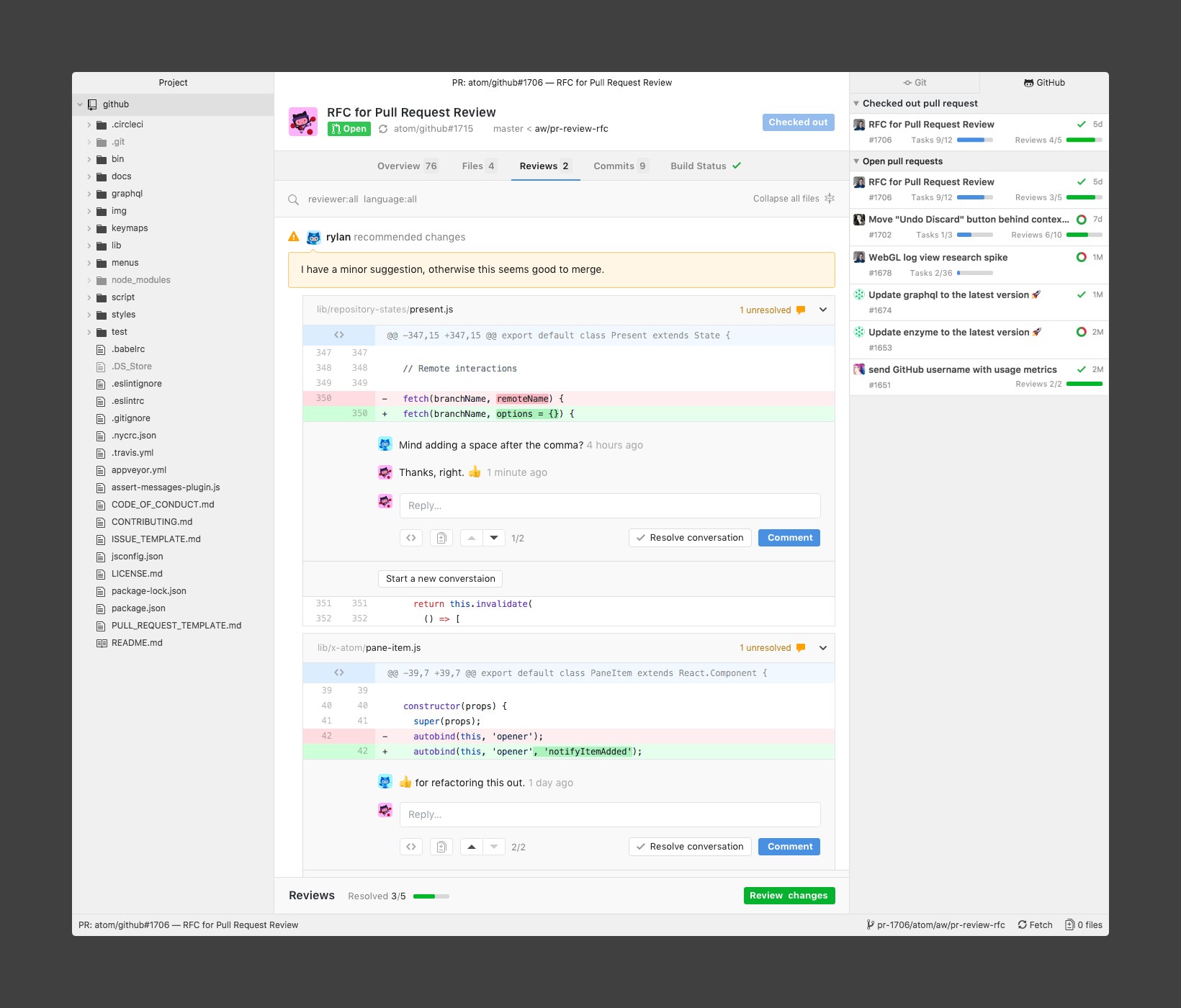GitHub Pull Request 代码评审界面实拍