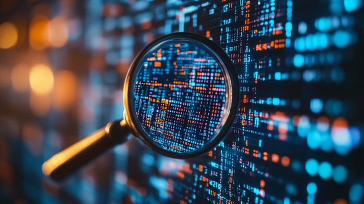 A magnifying glass hovering over code on a dark background