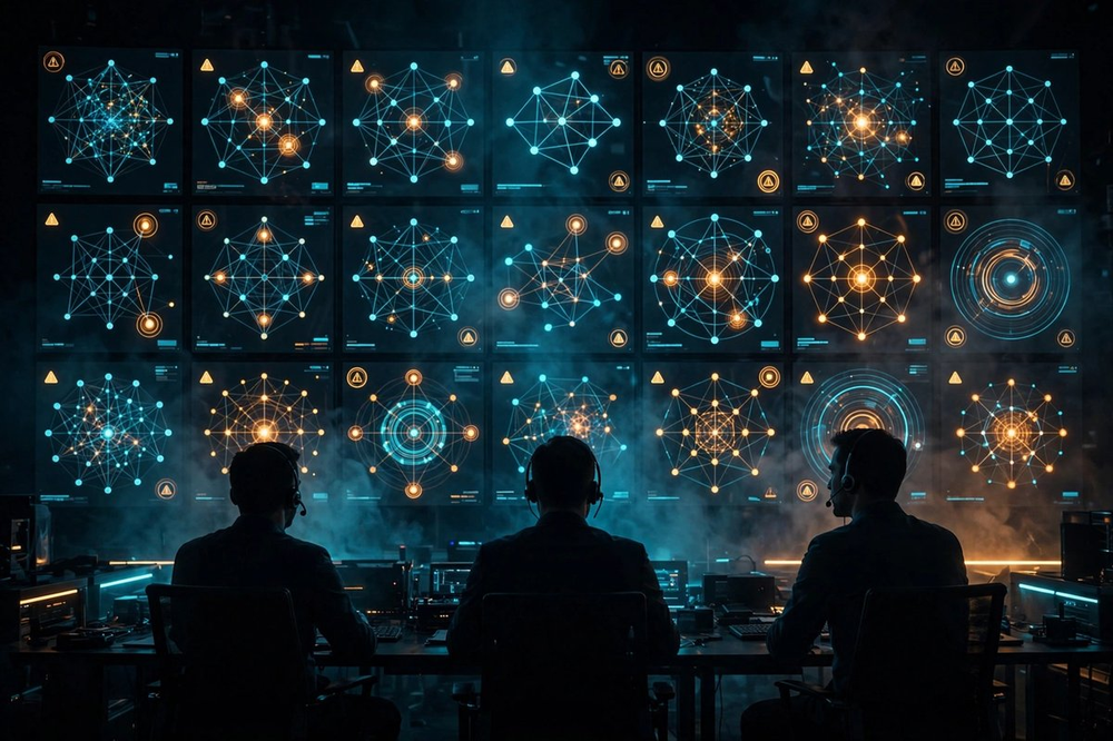 SOC concept art: analysts monitoring network alert topologies