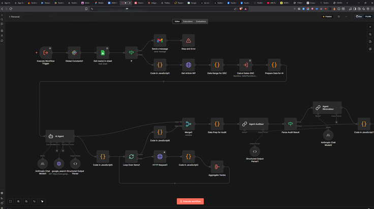 Workflow canvas: an automation flow built from Trigger, Prompt, and AI Agent nodes