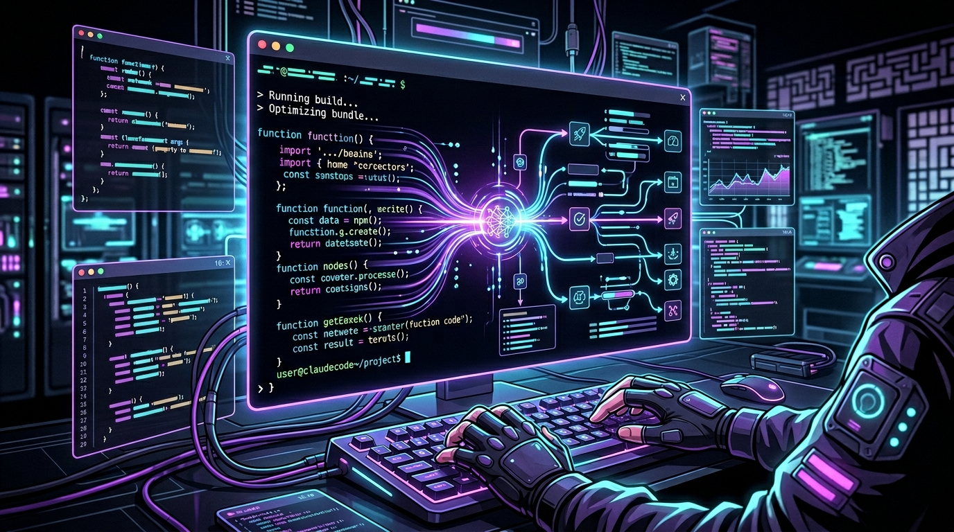 Cyberpunk AI coding scene with code and terminals across multiple screens