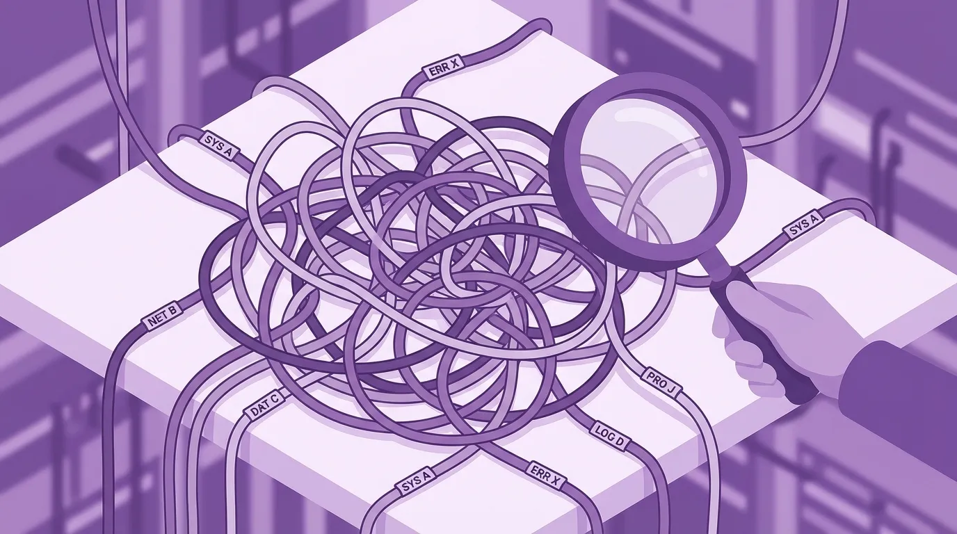Purple illustration of a magnifier examining tangled cables, symbolizing tech debt triage