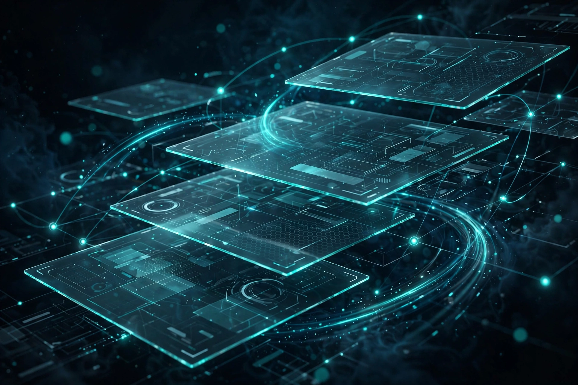 Abstract dark illustration of layered translucent code-editor panels and orbiting light nodes forming a mission-control console