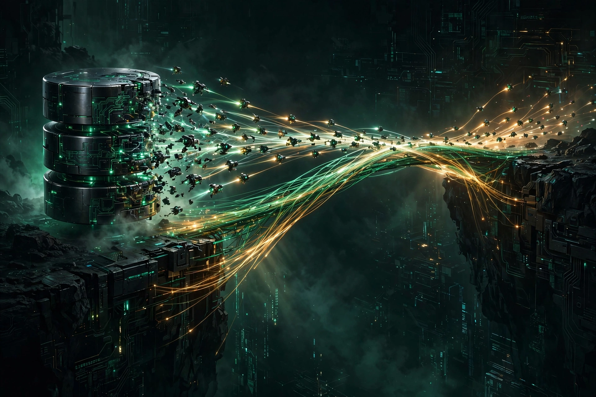 Abstract dark illustration of a database cylinder merging with robotic light streams forming a bridge