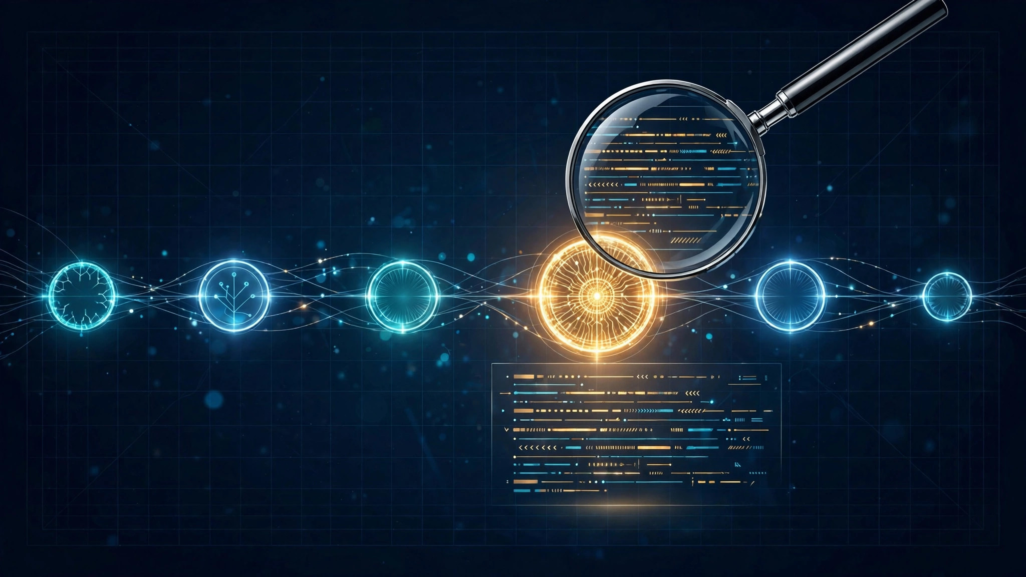 Observability-themed cover art: dashboards, trace lines, and a magnifying glass