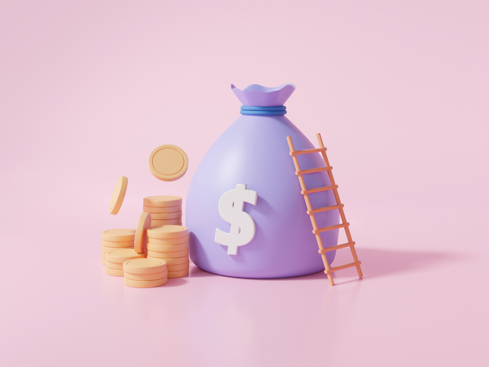 Funding-themed 3D illustration cover: gold coins, a rocket, and code symbols