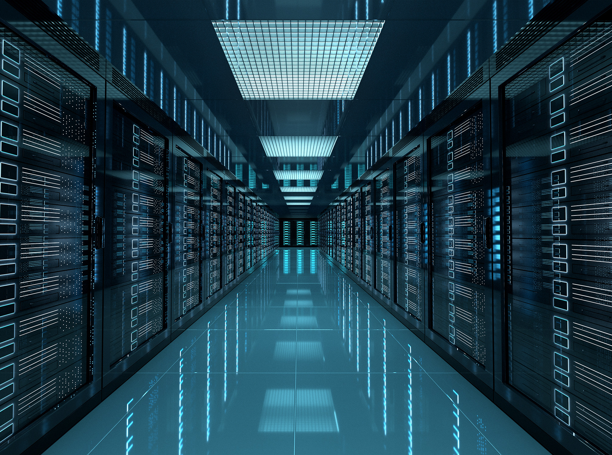 Rows of server racks in a dark data center, symbolizing self-hosted AI inside the enterprise network