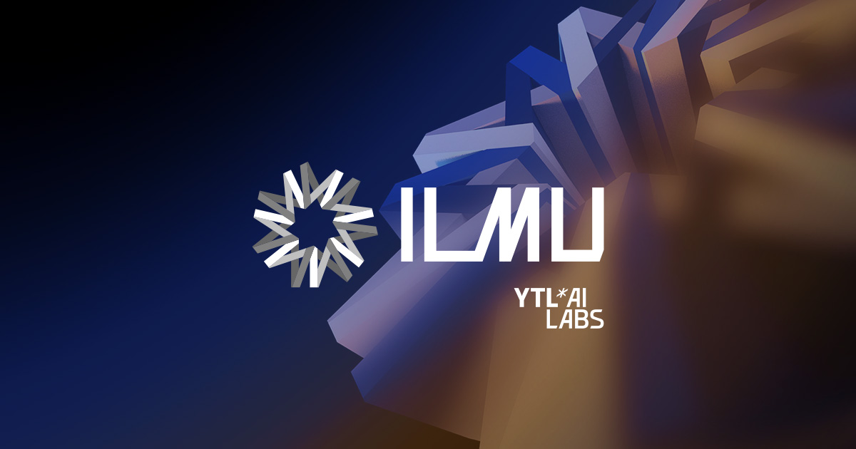 Official YTL AI Labs branding: the ILMU logo on a dark background with geometric light shapes