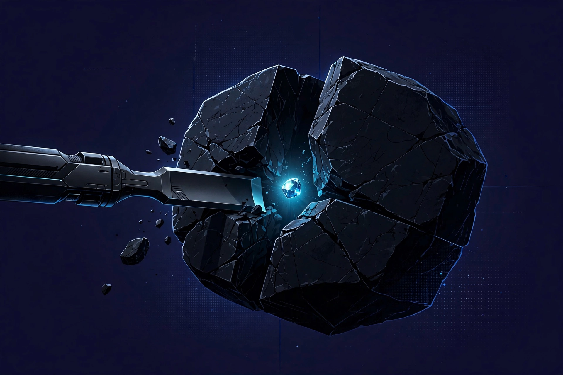 Concept cover: a chisel splitting dark stone to reveal a glowing gem on dark background