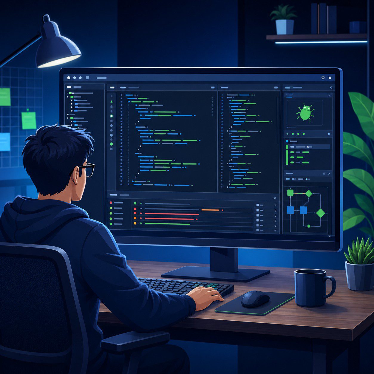 Developer debugging code in an IDE, illustrating the SWE-sweep benchmark for autonomous bug discovery