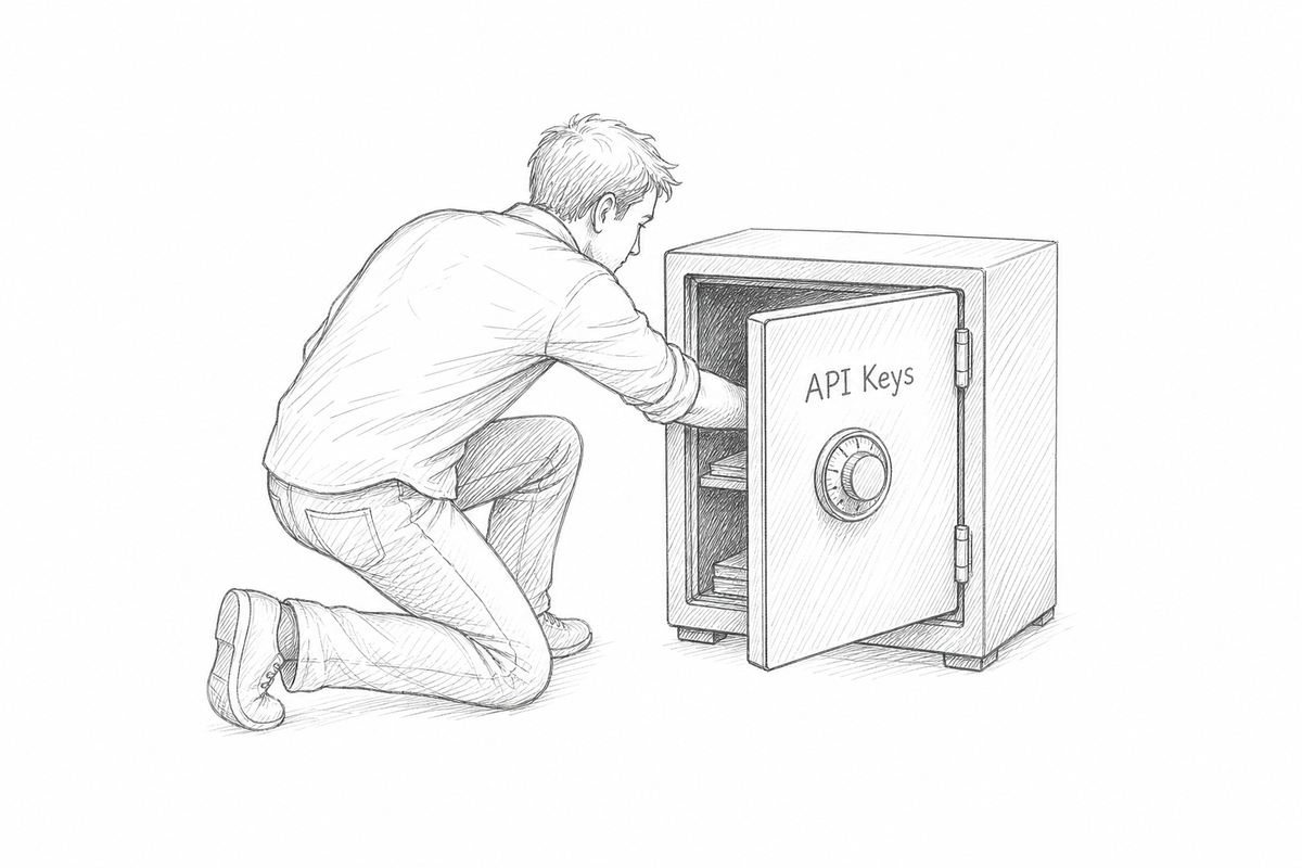 Cover concept for the secrets management guide: a keychain in an AI's hand next to a locked vault, warning against handing credentials to AI