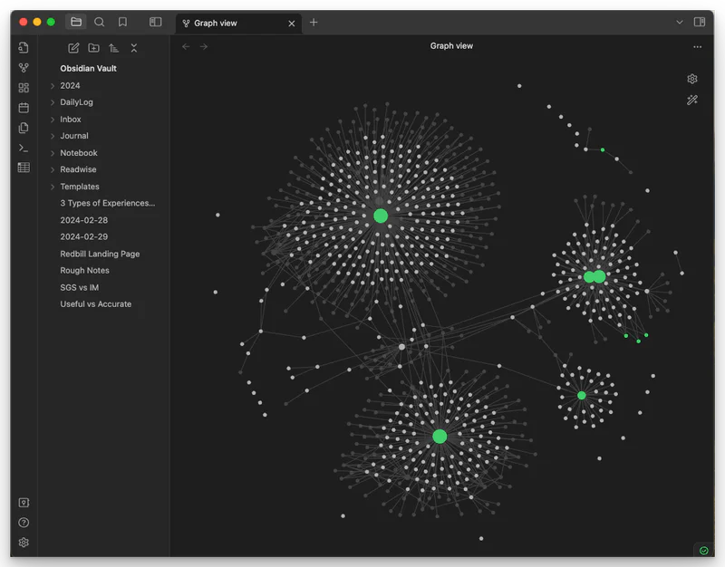 Obsidian graph view showing hundreds of note nodes connected in a web