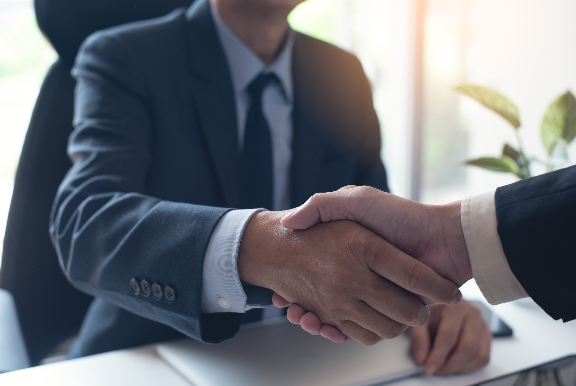 Two businessmen shaking hands at an office desk