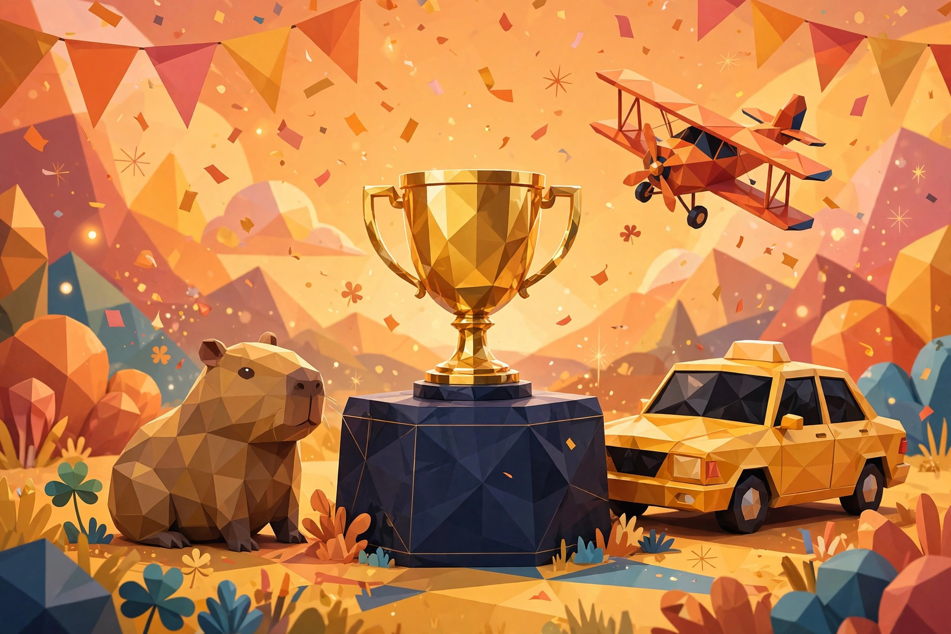 Game-jam celebration illustration with a trophy and low-poly game characters