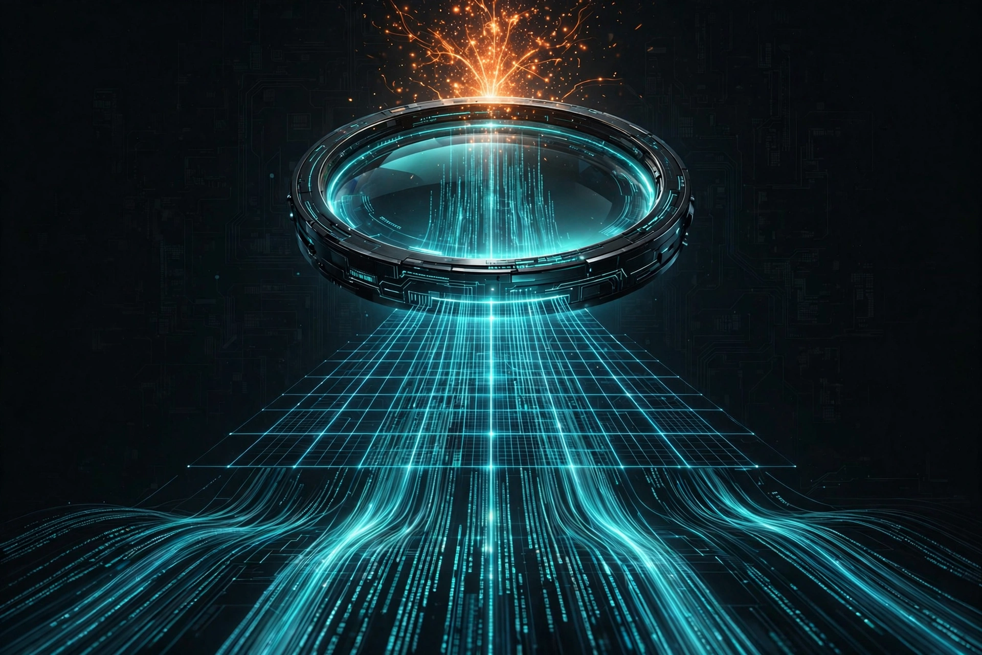 Concept cover: a glowing magnifier hovering over teal code streams on a dark background, geometric pipelines flowing into the lens