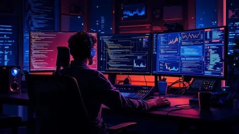 Engineer working at night with AI data streams: autonomous bug discovery still demands heavy compute