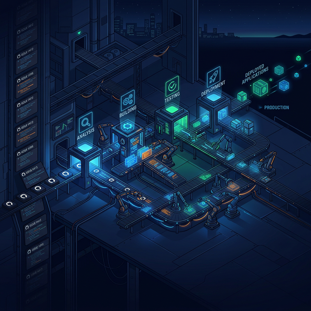 Illustration of a governed software factory pipeline: AI agents carrying code through review, testing, security scanning, and deployment under unified governance