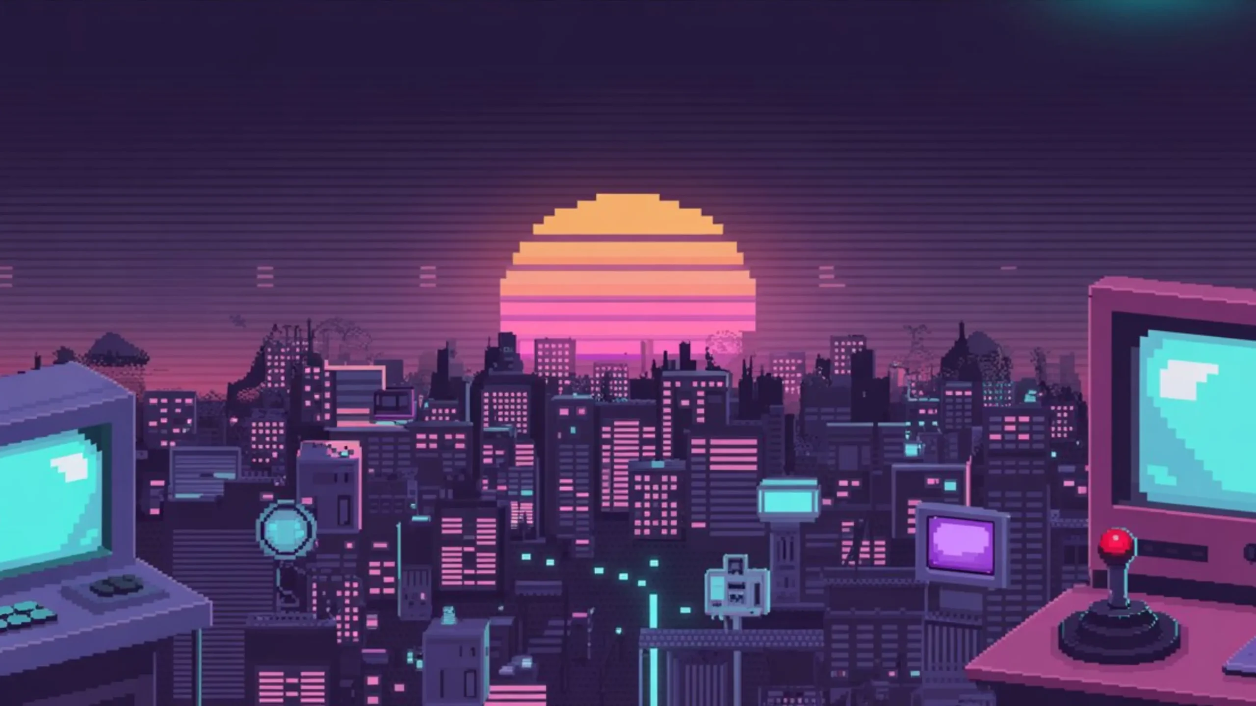 Pixel-art retro gaming cityscape at night with neon arcade vibes