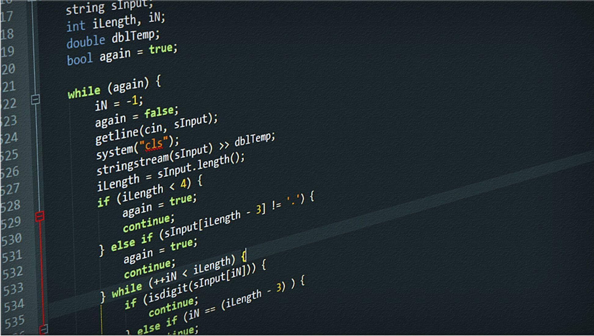 Close-up of C++ code in a dark editor