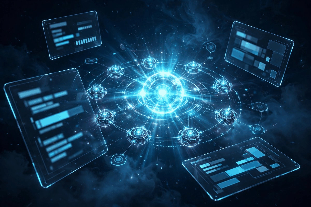 Concept art of an Antigravity-style AI agent platform