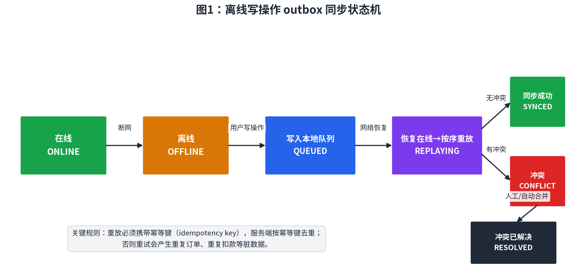 Outbox sync state machine diagram for offline write operations