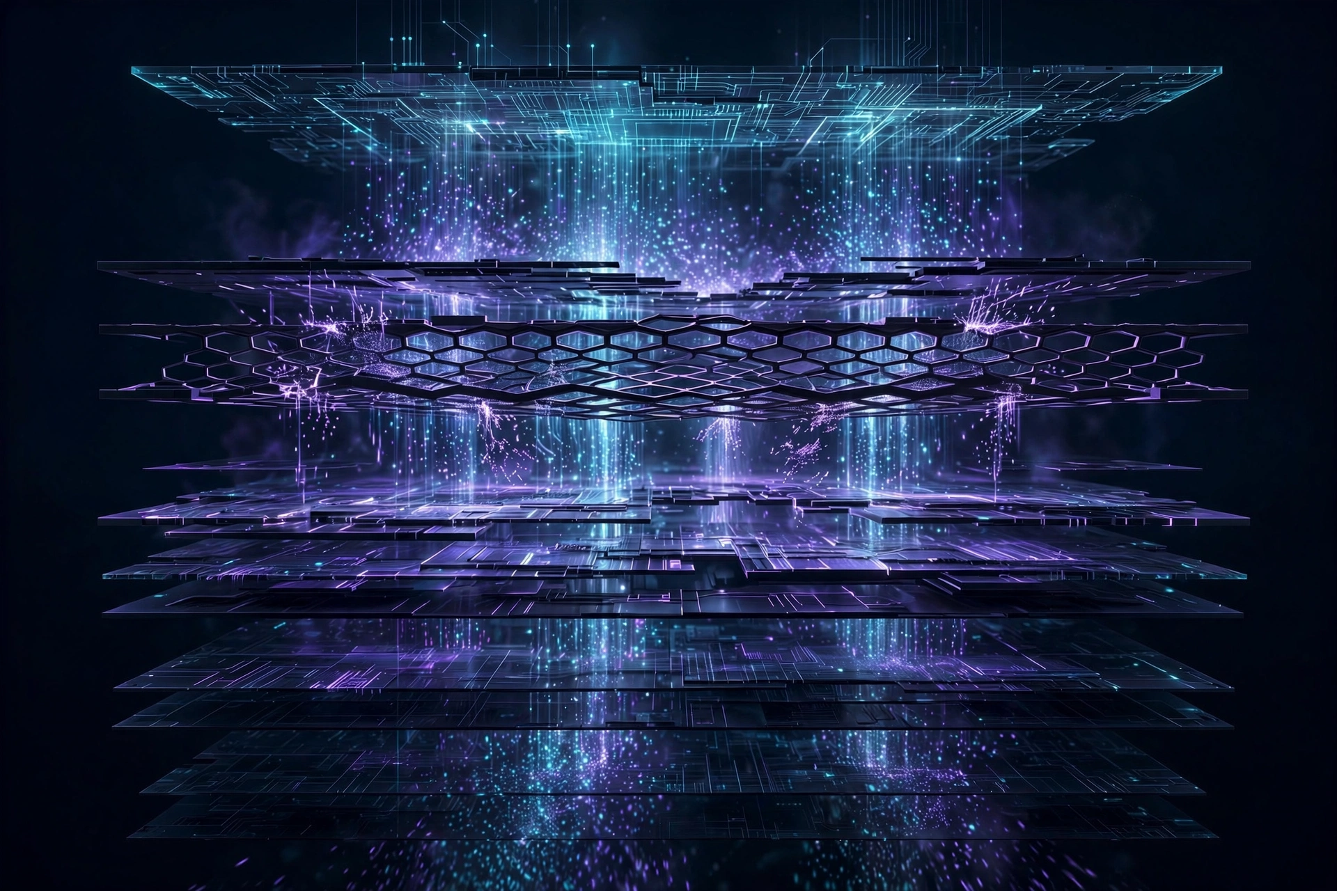 Dark abstract illustration: layered memory planes with waterfall streams of glowing data