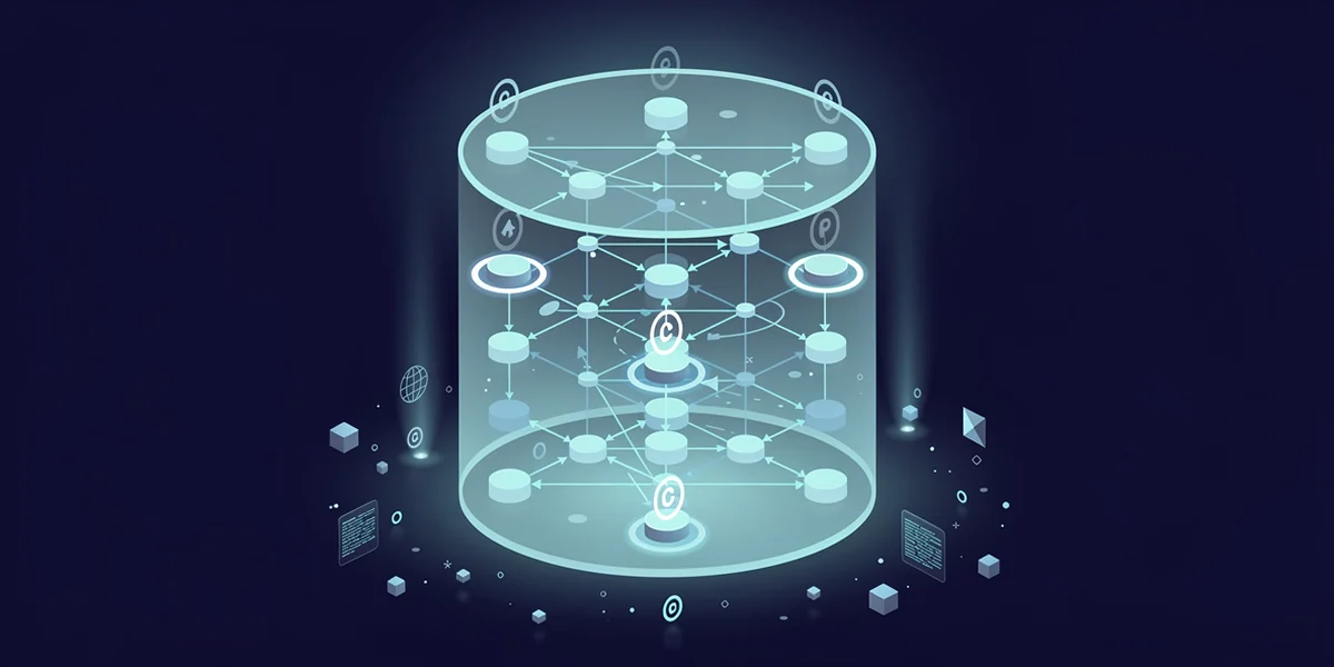 Isometric illustration of a distributed system on a dark background, cyan nodes and connections forming an execution network